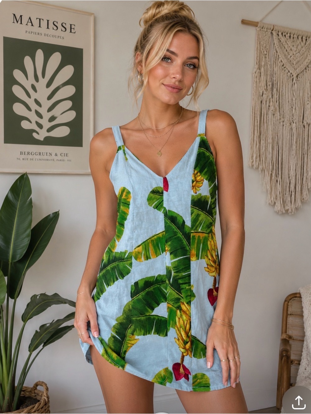 FARM Rio Light Blue Slip Dress with Green Leaf Print Size Small